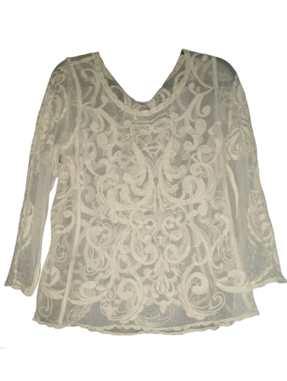Ivory Sheer Mesh Lace Vintage Boho Blouse Cream Stretch Top Feminine Bohemian M